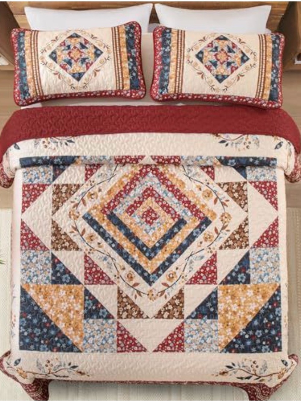 Quilted Patchwork Comforter Set in Red, Blue & Cream